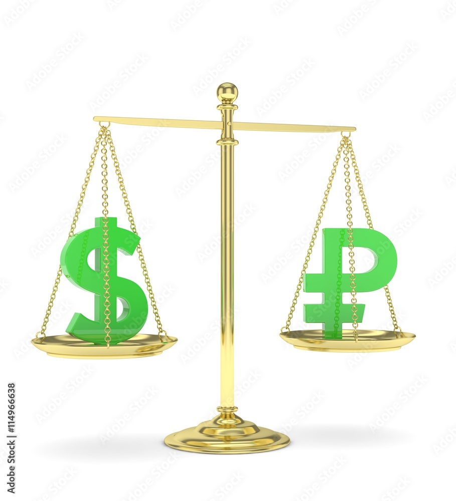 Isolated old fashioned pan scale with dollar and ruble on white background. American and russian currency. Currency equality. Green money. 3D rendering. Isolated old fashioned pan scale with dollar and ruble on white background. American and russian currency. Currency equality. Green money. 3D rendering.