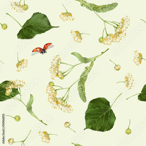 Vector linden seamless pattern with ladybug. Background design for tea, honey, natural cosmetics, health care products. Best for textile and wrapping paper. 