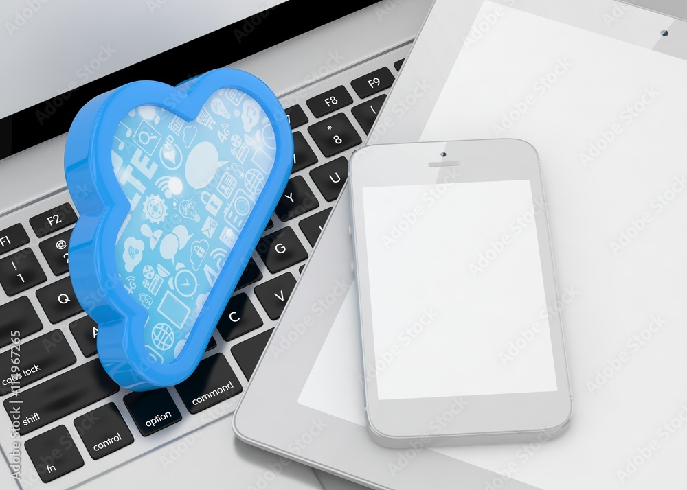 laptop, tablet pc, smart phone and cloud. 3d rendering. laptop, tablet pc, smart phone and cloud. 3d rendering.