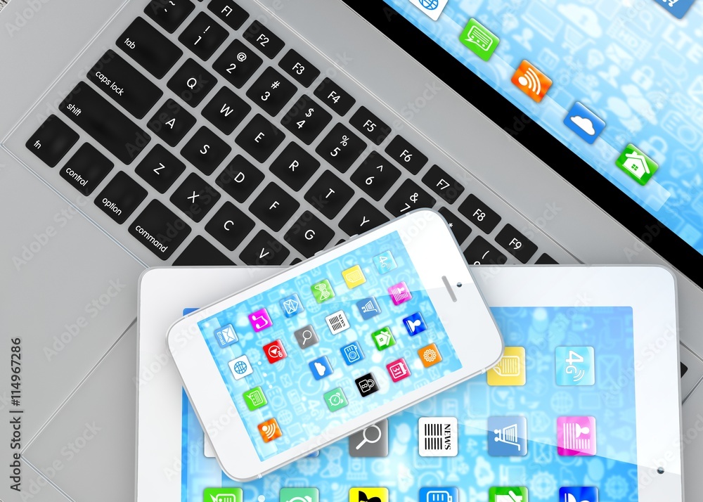 Laptop, phone and tablet pc. 3d rendering. Laptop, phone and tablet pc. 3d rendering.