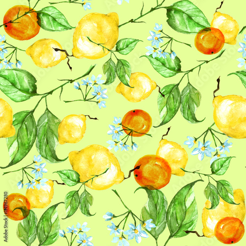 Fototapeta Naklejka Na Ścianę i Meble -      Vintage watercolor pattern - Lemon branch with flowers and leaves. 
Citrus fruits - orange.
