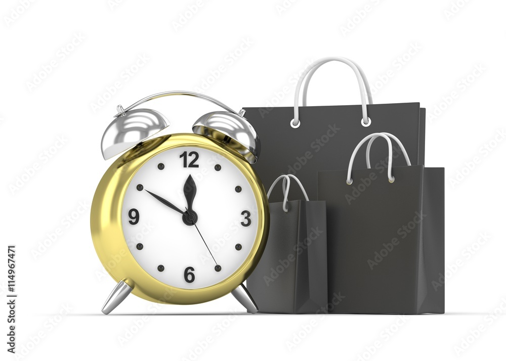 alarm clock and shopping bag (time to buy concept). 3d rendering. alarm clock and shopping bag (time to buy concept). 3d rendering.