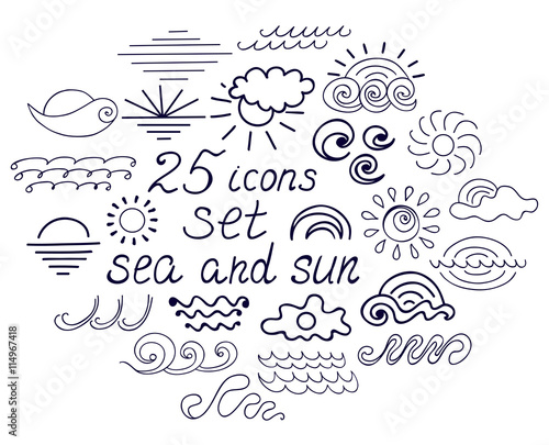 Set of twenty five icons of the sun and the sea