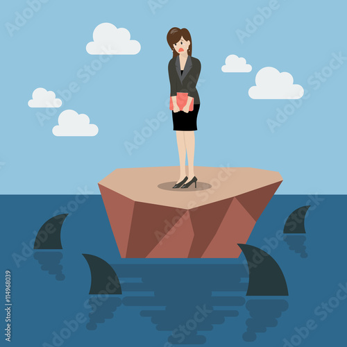 Helpless business woman on a small island which surrounded by sh