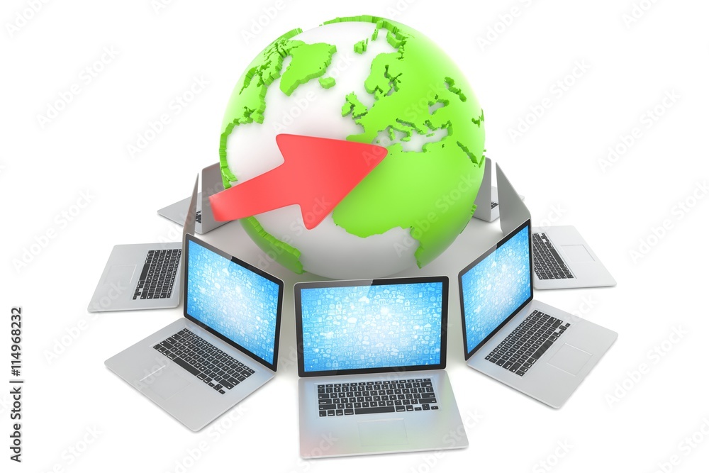 Laptop network around earth globe. 3d render Laptop network around earth globe. 3d render