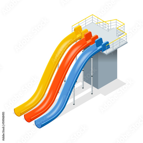 Water slides isolated on a white background. Flat 3d isometric illustration. Water amusement park playground.