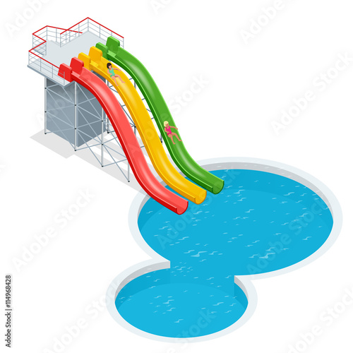 Water slides isolated on a white background. Flat 3d isometric illustration. Water amusement park playground.