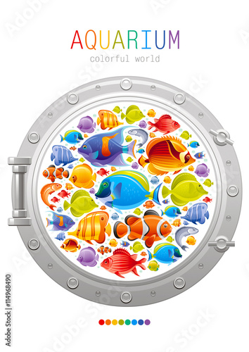 Sea summer travel poster design with tropical angel, butterfly fishes icon set and porthole emblem. Vector illustration on white background with text lettering