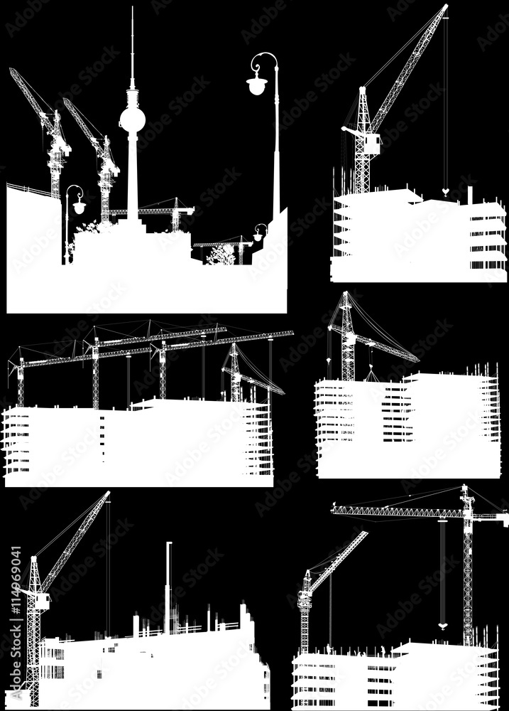 Obraz premium set of six buildings and cranes isolated on black