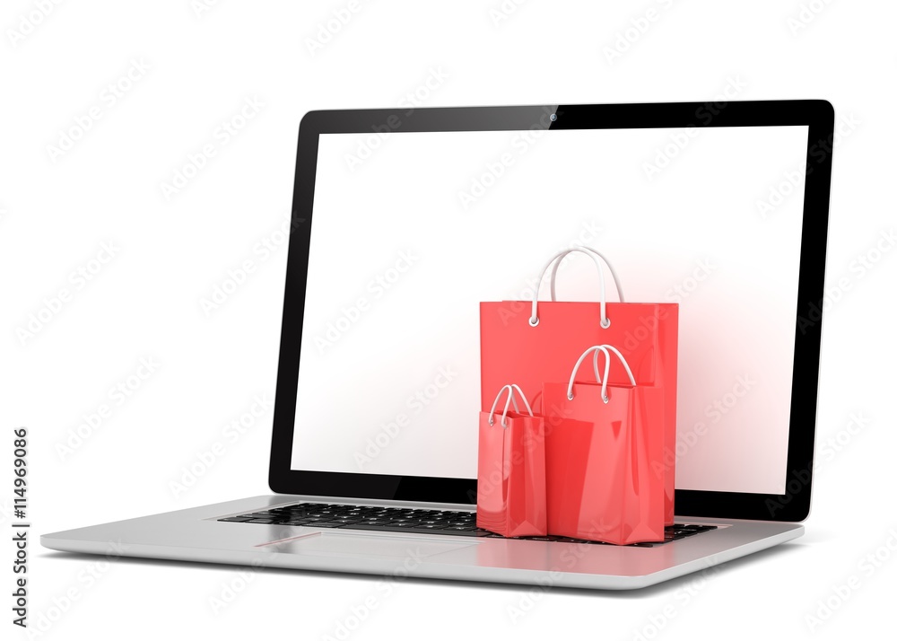 laptop and shopping pags on white background. 3d rendering. laptop and shopping pags on white background. 3d rendering.