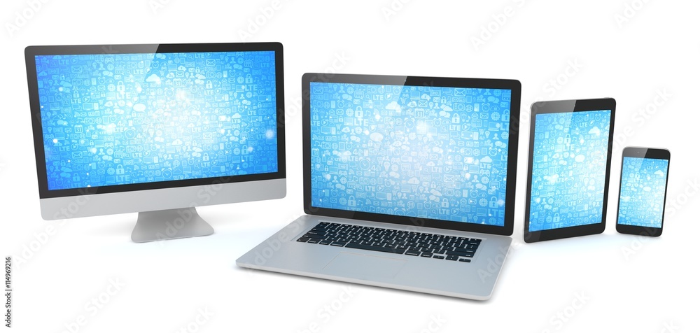 Responsive web design, laptop, smartphone, tablet, computer, display. 3d rendering. Responsive web design, laptop, smartphone, tablet, computer, display. 3d rendering.