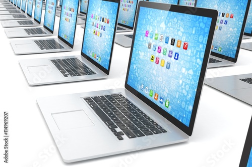 many  laptop on white background. 3d rendering.