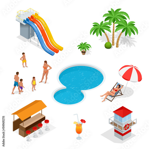 Water amusement park playground with slides and splash pads for family fun set abstract illustration. Water park and friends with water bar on a white background. Flat 3d isometric illustration.