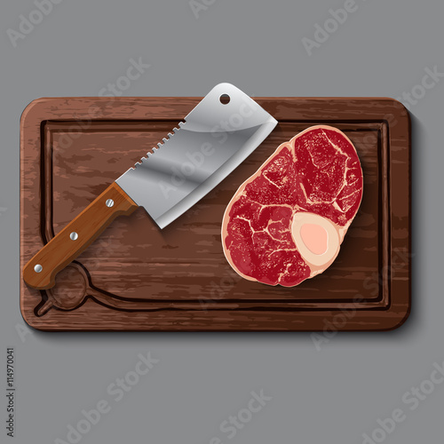 Realistic wooden cutting board, meat and knife