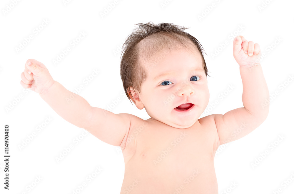 Portrait of a cheerful baby with hands raised Portrait of a cheerful baby with hands raised