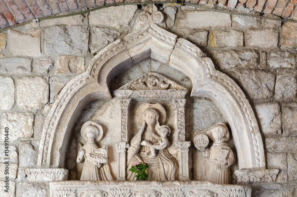 Gothic bas-relief, depicting Madonna with Christ, Kotor, Montenegro
