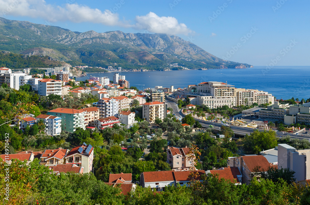 Beautiful view of town of Becici on Adriatic coast, Montenegro