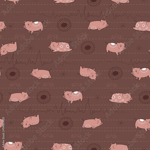 Foto Pink piggies. Brown Seamless pattern