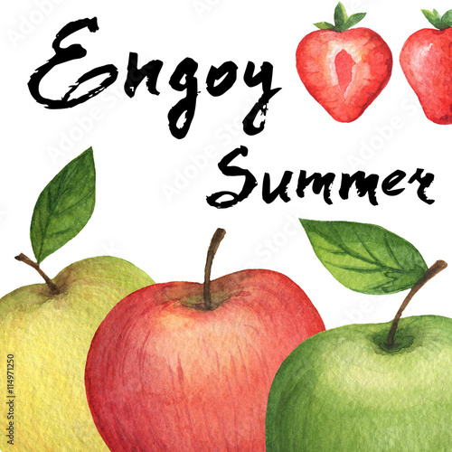 Watercolor poster fruit with apple, strawberry and hand lettering. photo