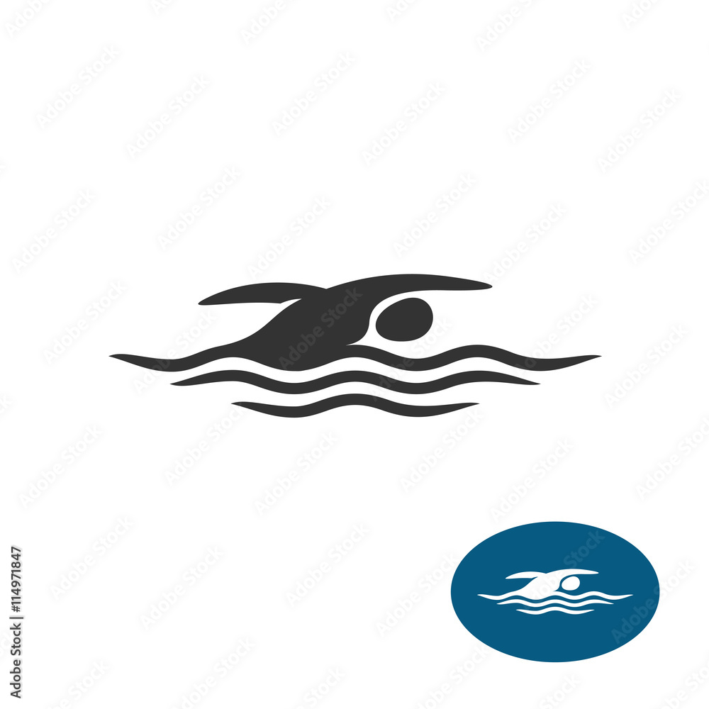 Fototapeta premium Swimming man black silhouette logo. Water waves with sportsman black figure.