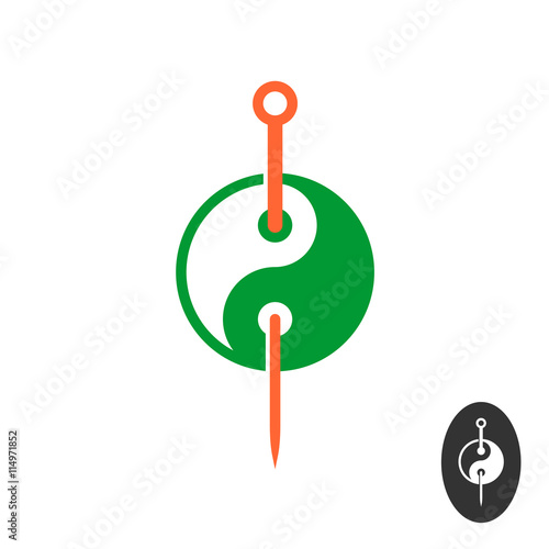 Acupuncture logo concept with needle and yin yang sphere symbol.