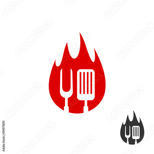 BBQ icon logo. Grill fork and spatula on a fire shape background.