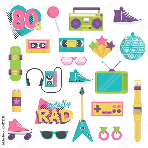 Collection of vintage retro 1980s style items that symbolize the 80s decade fashion accessories, style attributes, leisure items and innovations. photo