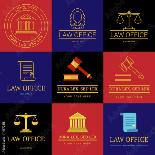Law office logo collection. The judge, Law firm logo template, lawyer set of vintage labels. Line badges hammer, roll and scales Themis. Dura lex, sed lex quote.