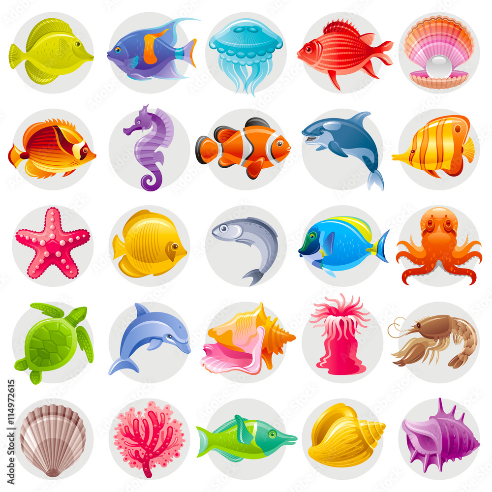 Obraz premium Cute cartoon icon set with underwater animals. Sea horse, fishes, turtle, pearl scallop, dolphin, whale, octopus, starfish, shell. Vector illustrations for beach tourism, summer travel, diving club