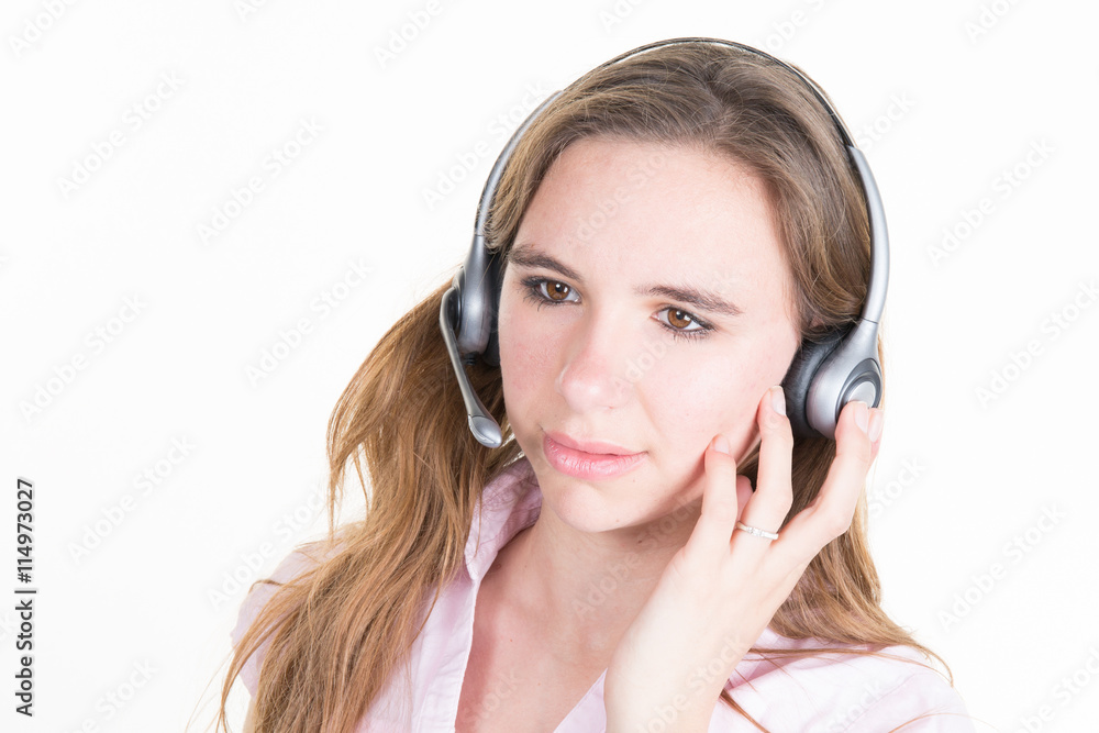 Telemarketing headset woman from call center smiling Telemarketing headset woman from call center smiling