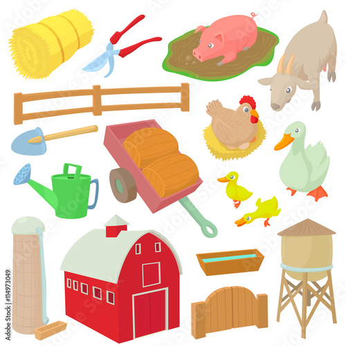 Farm icons set in cartoon style isolated vector illustration