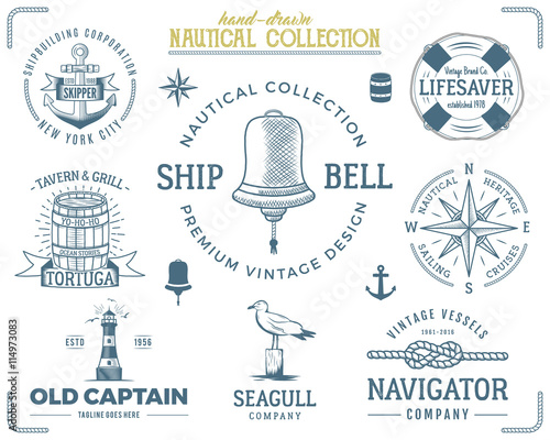 Vintage nautical stamps set. Old ship retro style. Sailing labels, emblems illustration. Nautical graphic symbols - rope, wind rose, lighthouse. Vector nautical sketch design. Adventure lifestyle