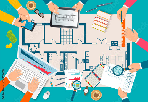 Team of people working together to plan construction of house. Teamwork on architectural planning. Architect designer, project drawings. Vector flat design. Architect workplace.