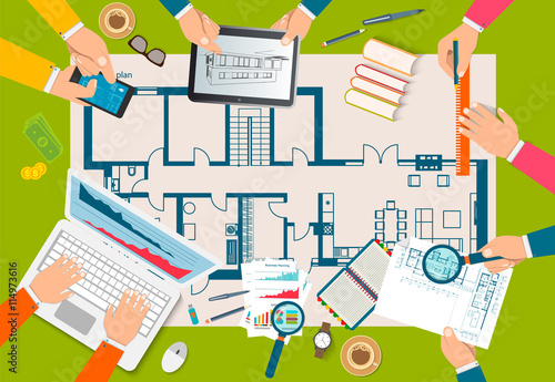 Team of people working together to plan construction of house. Teamwork on architectural planning. Architect designer, project drawings. Vector flat design. Architect workplace.