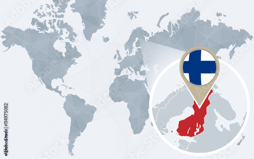 Abstract blue world map with magnified Finland.