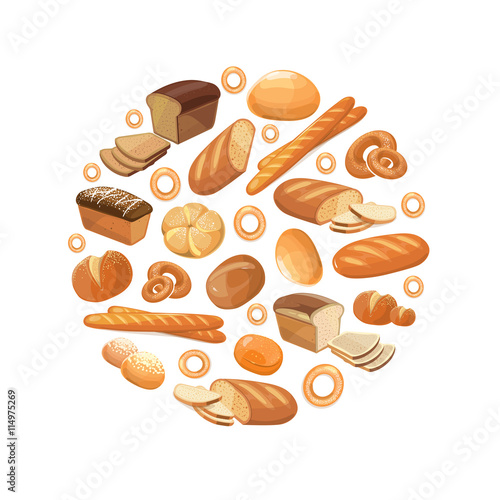 Food bread rye wheat whole grain bagel sliced french baguette croissant vector icons in circle. Bakery products for breakfast, illustration of loaf and snack bakery
