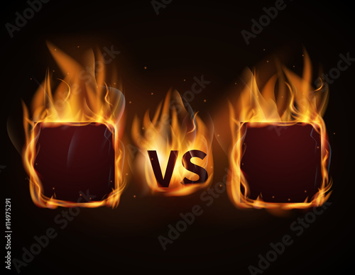 Versus screen with fire frames and vs letters. Flaming VS screen for duel and confrontation. Vector illustration