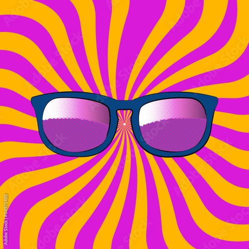 Sunglasses on rays background. Vector illustration.