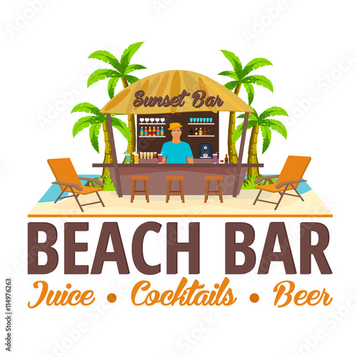 Summer. Beach Bar. Travel. Juice, cocktails, beer. Lounge chair. Vector Illustration.