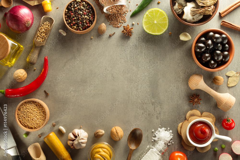 Fototapeta premium herbs and spices at table