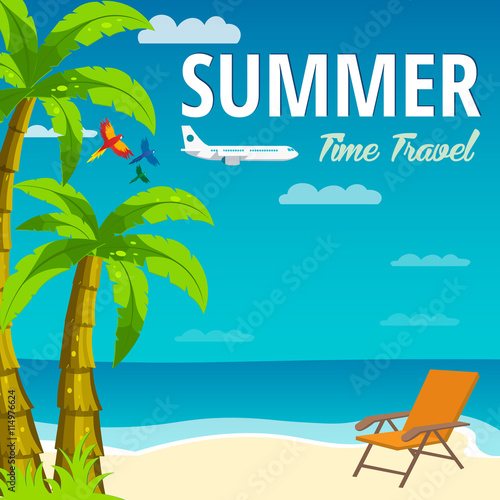 Summer Time in Beach Sea Shore. Time travel. Lounge chair. Vector Illustration.
