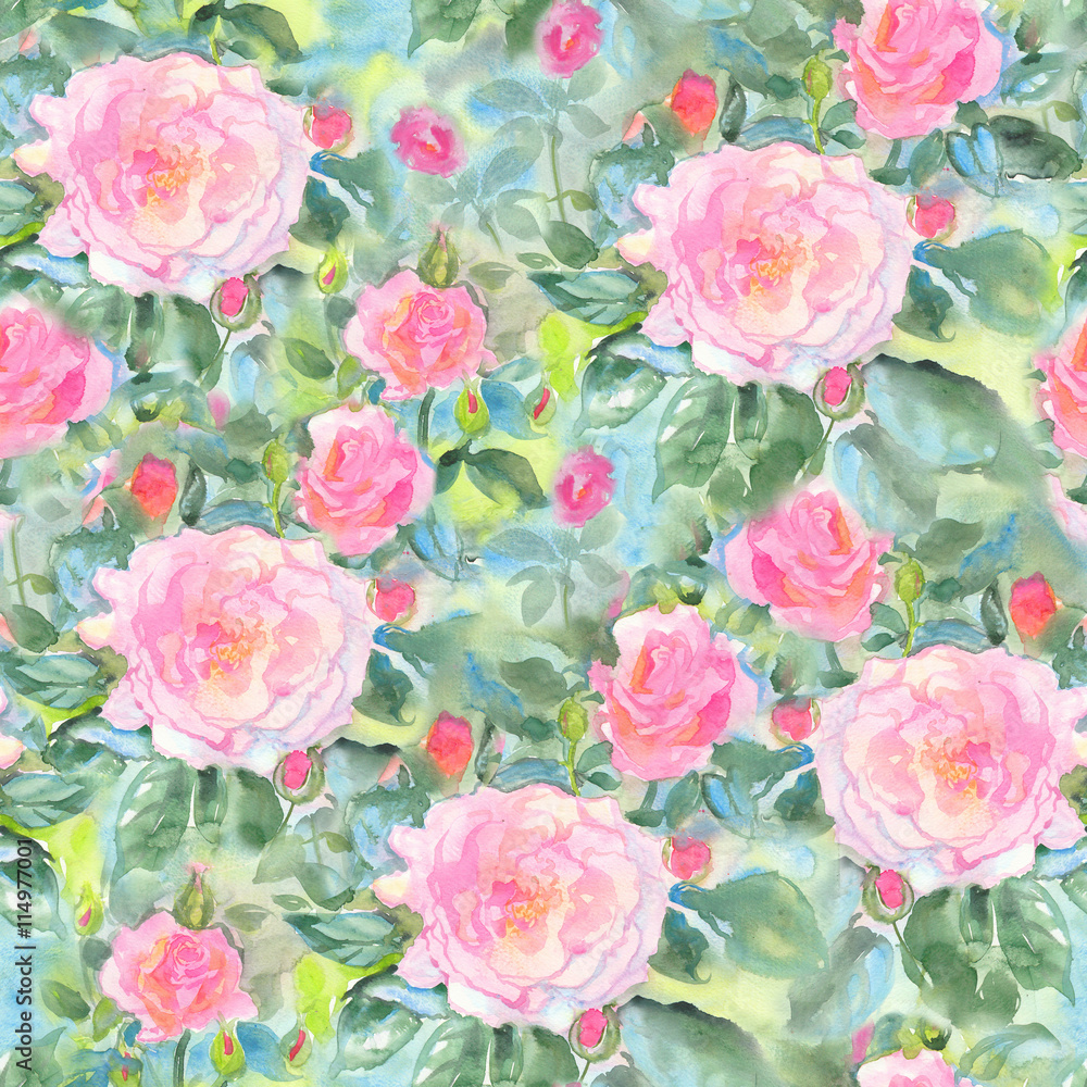 Abstract watercolor summer roses flowers. Seamless pattern. Bright colors. Hand painted. The unusual shape.