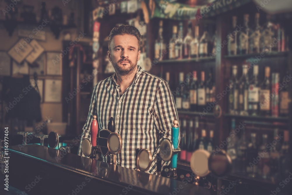 Handsome bartender standing at bar counter in his pub.