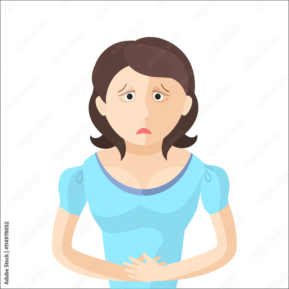 Woman have an abdominal pain. Character in Flat style