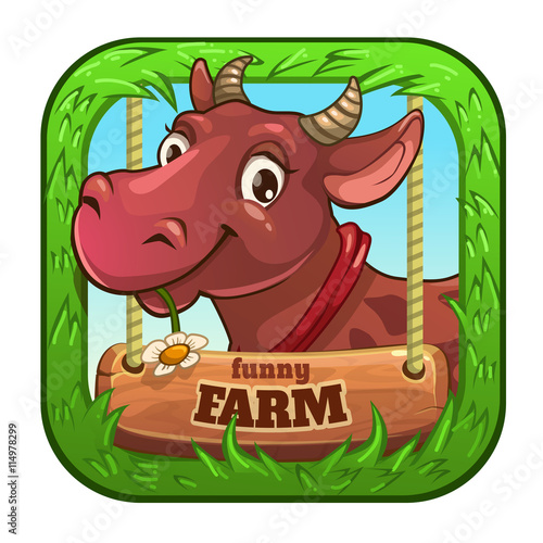 Funny vector app icon with cute cartoon cow