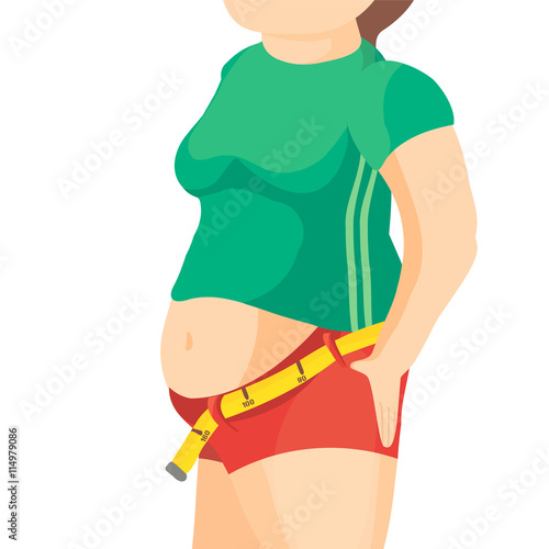 Abdomen fat, overweight woman with a big belly and measure tape around waist against. Vector illustration