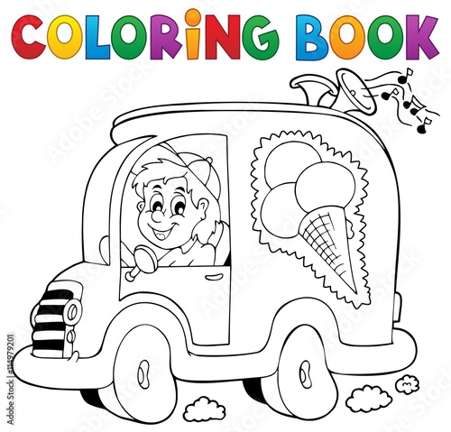 Coloring book ice cream man in car