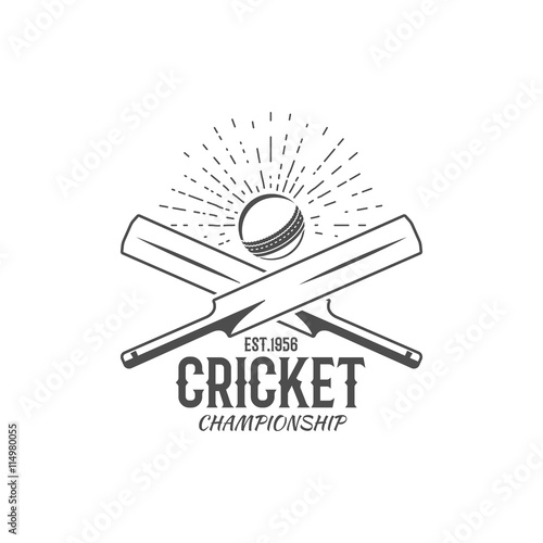 Cricket emblem and design elements.  championship logo .  stamp. Sports fun symbols with  equipment - bats, ball. For web , tee  or print on t-shirt. Monochrome