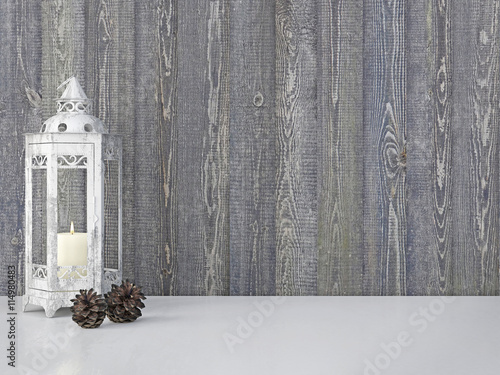 Vintage interior with candle lantern and pine cones on empty wall background. 3D rendering. photo