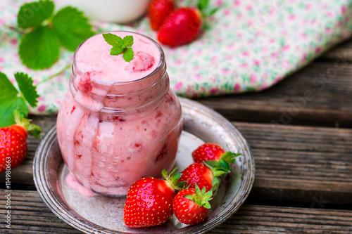 Homemade strawberry yogurt with vanilla photo